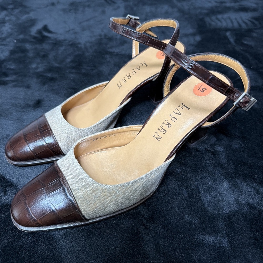 Lauren Ralph Lauren Women's Brown Angle Strap 3' Heels Shoe Size 5.5 Designer